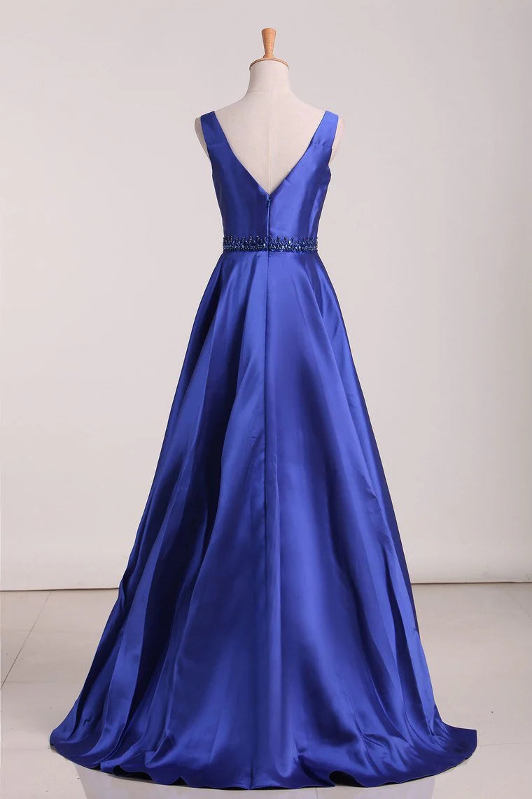 A Line Party Dresses Straps Beaded Waistline Satin Floor Length